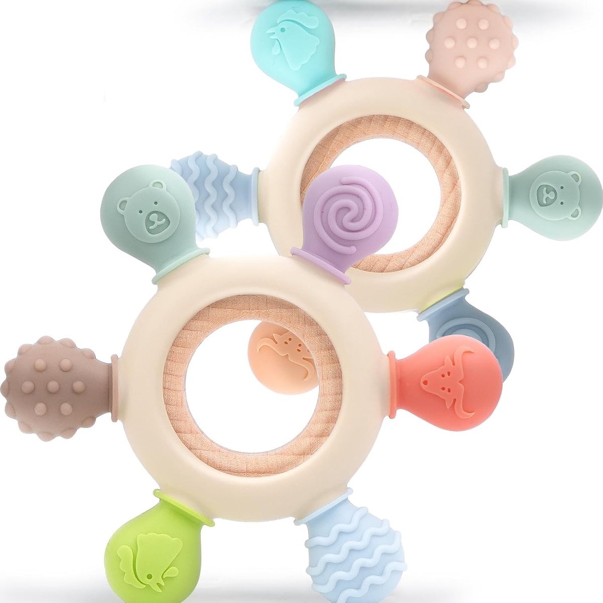 Bijtketting - 2 Stuks - Siliconen en Hout - Veilig en Zacht Speelgoed voor Baby's 3-12 Maanden