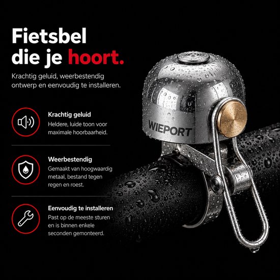 Zilveren fietsbel met gouden accent, weerbestendig en makkelijk te installeren.