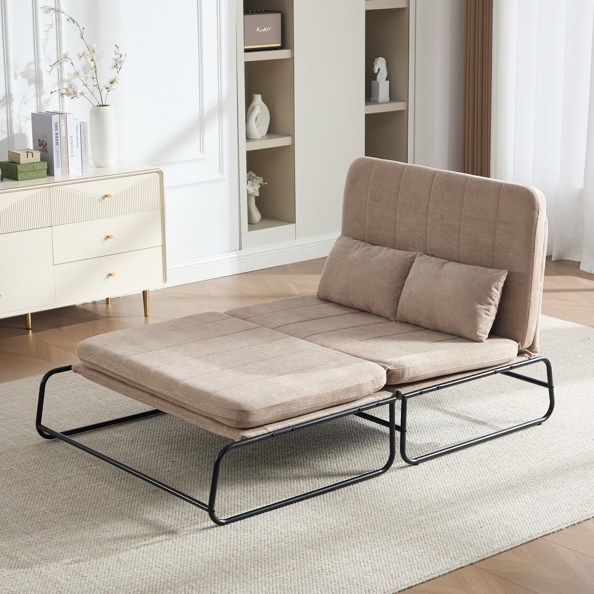 MIVRAY Slaapbank 2-Zits 104 Cm - Omvormbaar Tot Bed Met Zijvakken En Metalen Frame - Voor Woonkamer En Thuiskantoor - Chenille Khaki