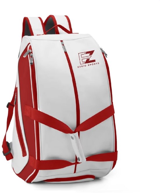Witte sporttas met rode verticale banen, banden en het EZRIO SPORTS logo.