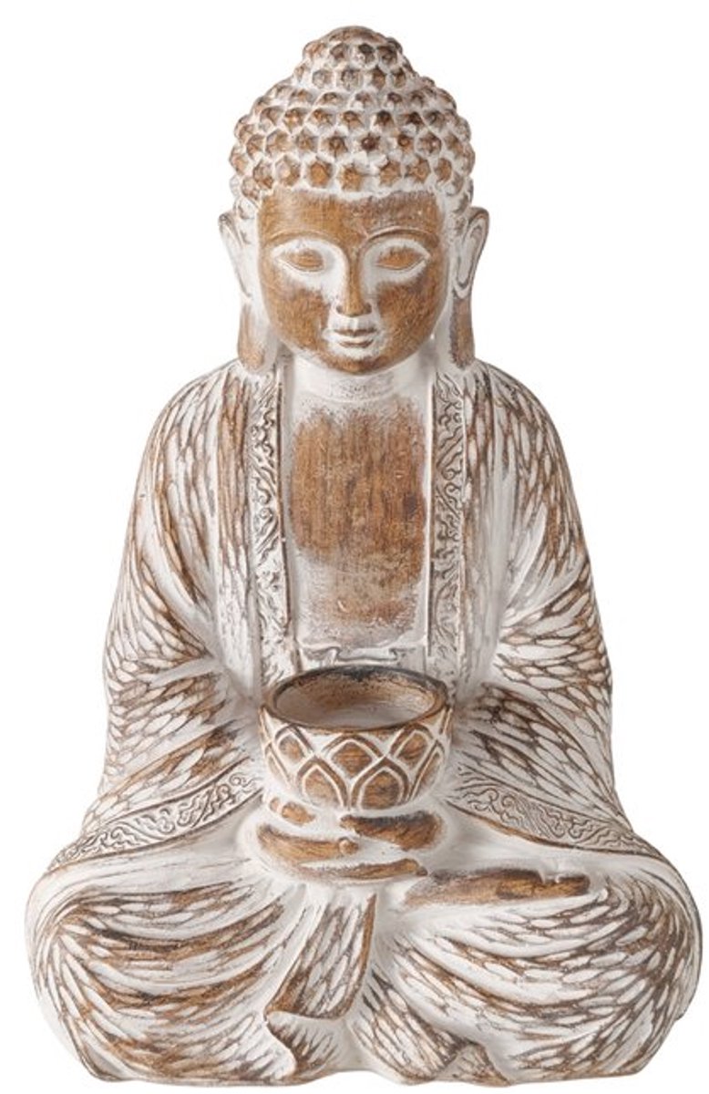 Boltze - Buddha - Beeld - Boeddha - Theelichthouder - Resin - Wit/Bruin - 30 cm - Oosterse Woondecoratie