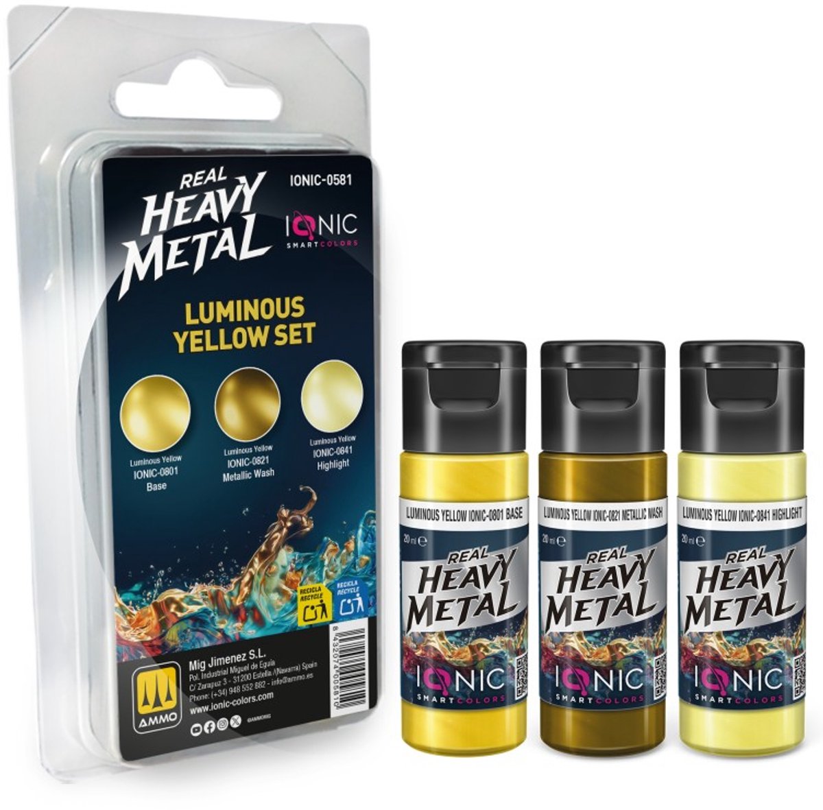 AMMO by Mig Jimenez Hobbyverf Acrylverf - MIG IO0581 Ionic Smart Colors - Real Heavy Metal - Lichtgevend Geel Kleurenset - Acryl Set 3x20 ml Verf set - 3x 20 ml