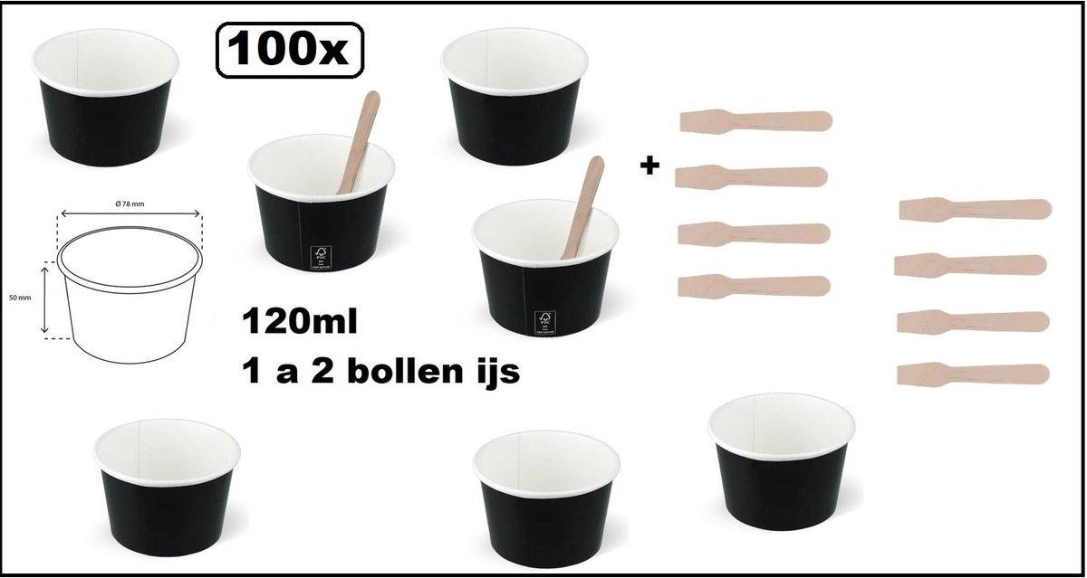 100x IJs beker zwart 120ml karton met 100x IJslepel hout - 1 a 2 bollen - IJsbeker - Party schepijs softijs ijsje zomer festival thema feest