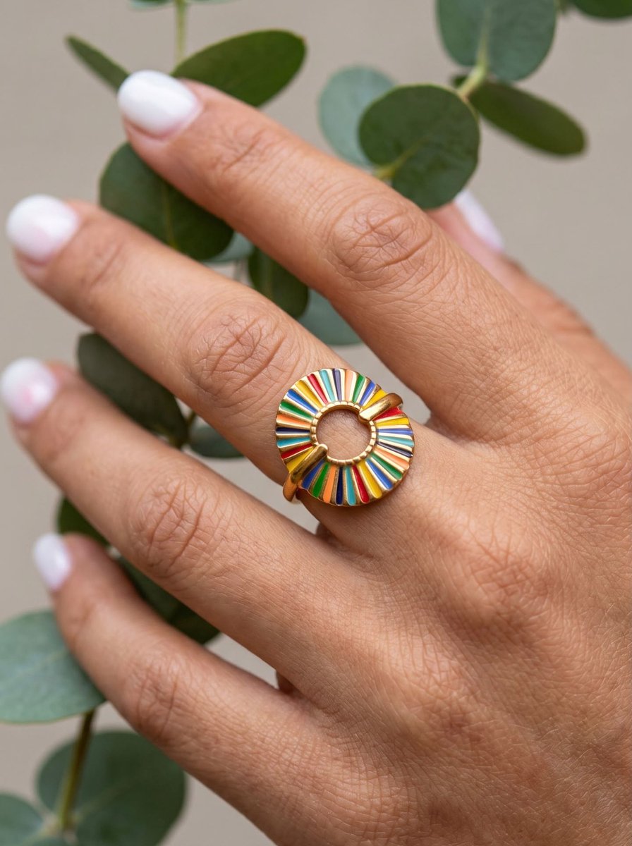 Anelplus Dames Ring Goudkleurig met Kleurrijk Emaille Design – Verstelbare Ring – Trendy Statement Ring