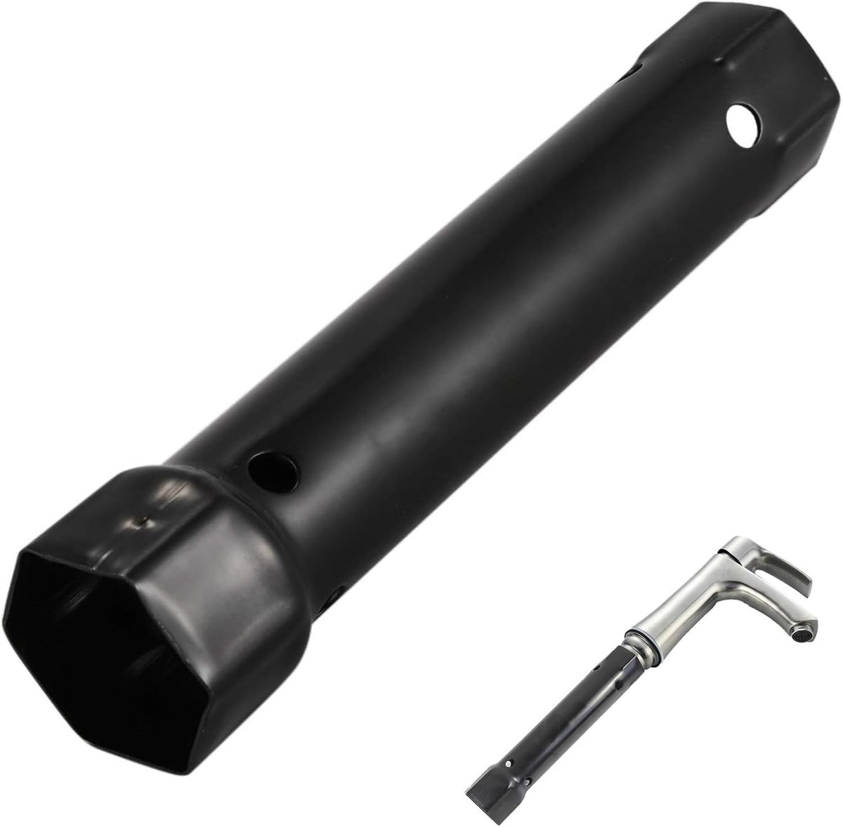 Kraansleutel - Zwart - 204 mm - Koolstalen 2-in-1 Dopsleutel - Voor Kranen en Wastafels