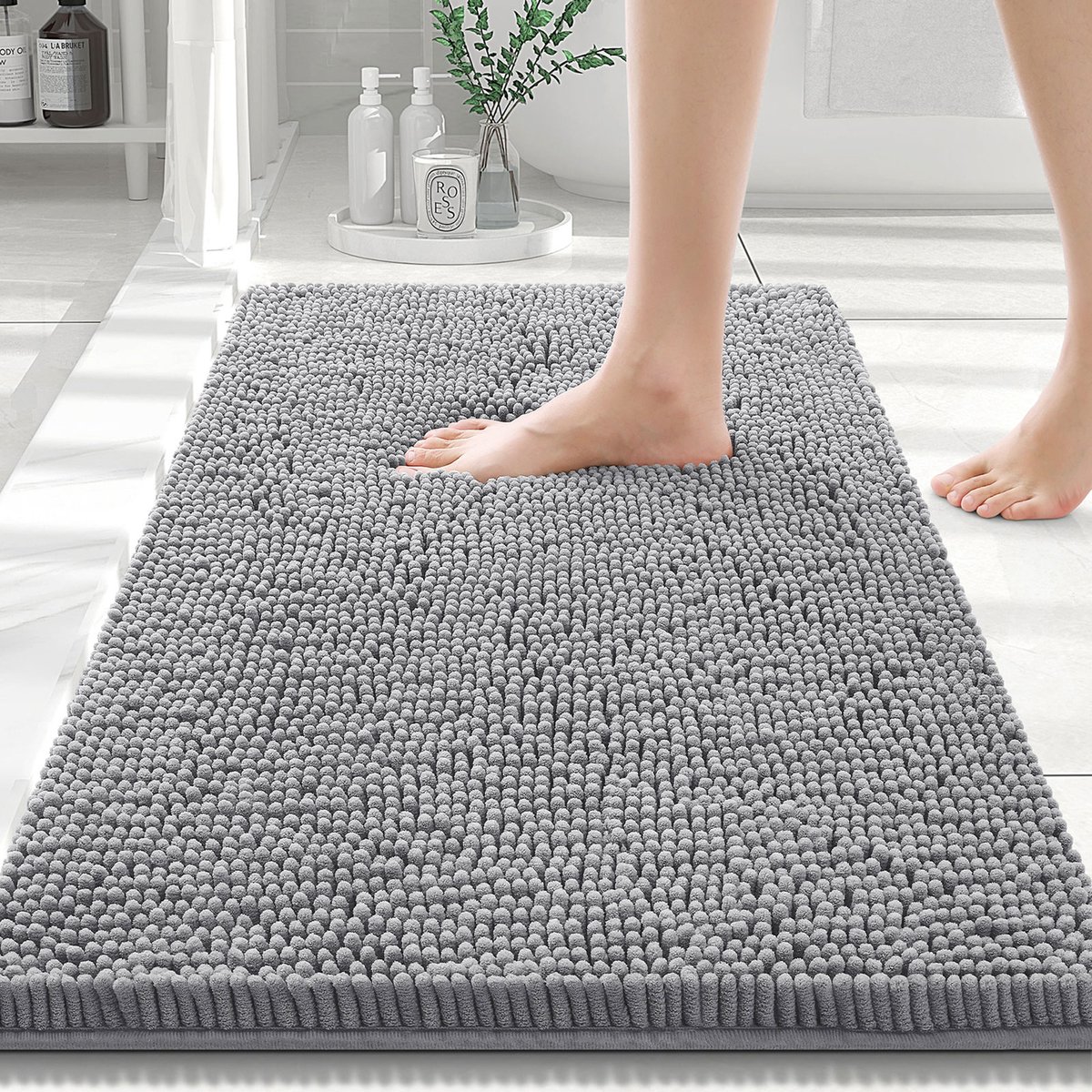 Olanly Badmat Antislip – Chenille Douchemat – Badmat Badkamer – Middelgrijs – 51X76cm