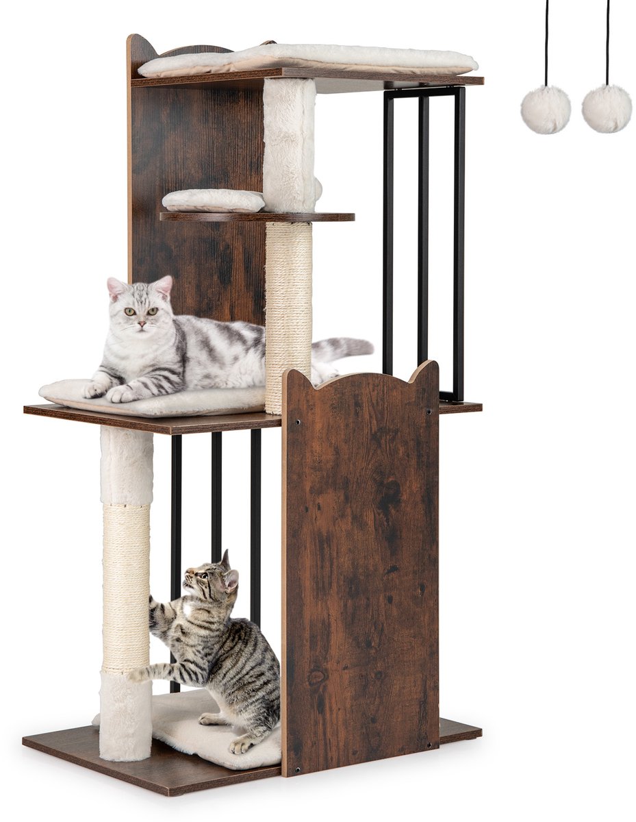 COSTWAY Krabpaal van hout en metaal, 112 cm, kattenboom met krabzuilen, 4 platforms, ballen en afneembare kussens, kattenkrabpaal katten, klimboom, activiteitsboom, vintage bruin