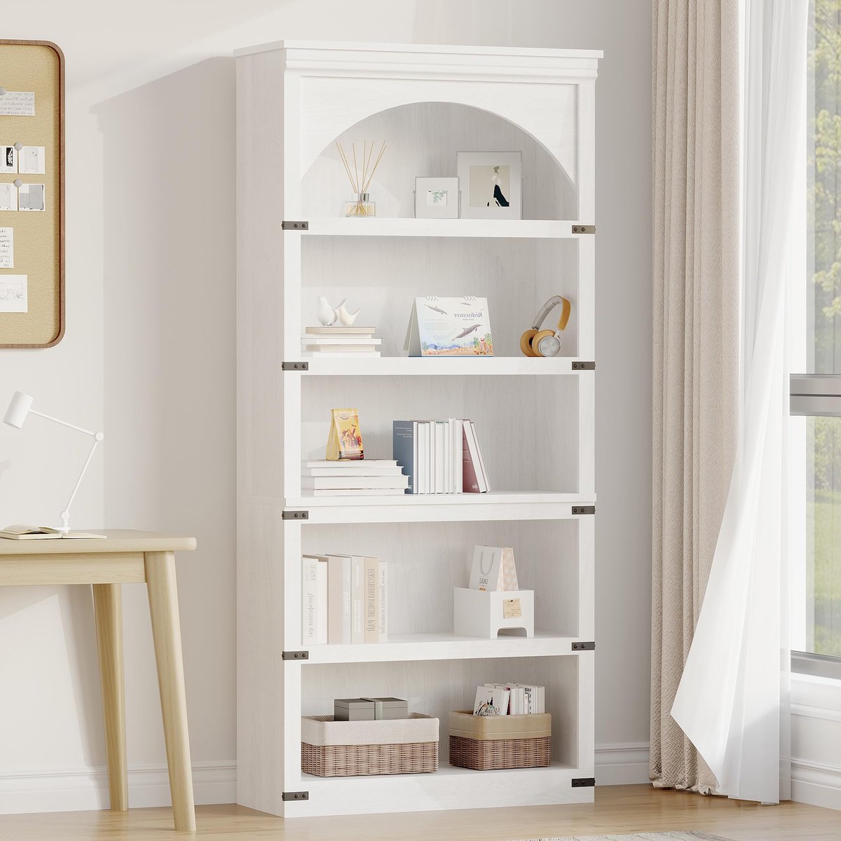 Vintage Boekenkast Hoog 5 Lagen - 80x30x174.5cm - Boogvormige Boekenkast - Open Opbergkast - Gebogen Opbergrek - Voor Kantoor Woonkamer - Wit