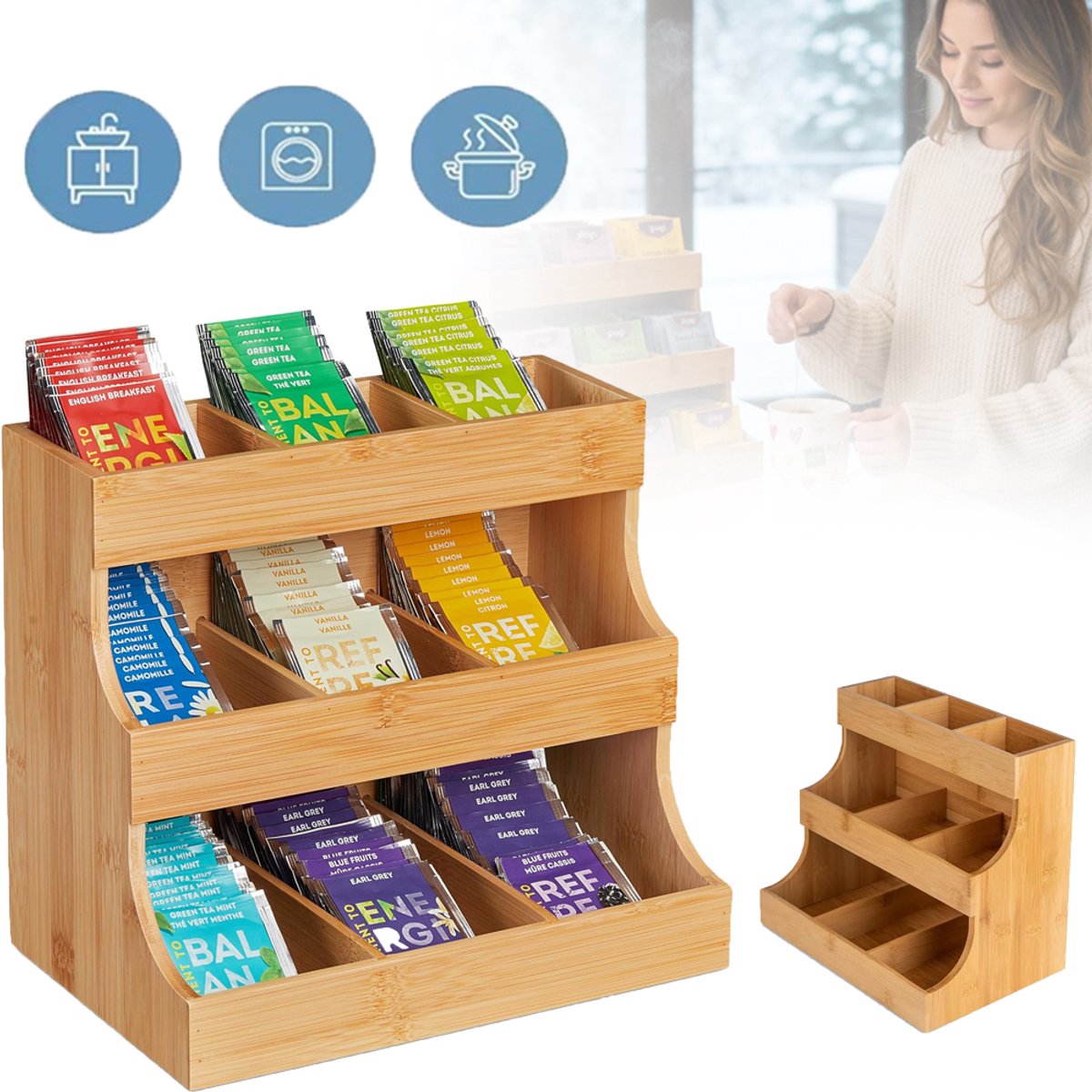 3-Laags Houten Voorraadkastorganizer - Duurzaam Natuurlijk Hout Dubbelwandig Lichtgewicht Ontwerp - Voor Theezakjes Suikerzakjes Roerstaafjes En Koffiemelkcapsules - Voor Thuis, Café En Hotel