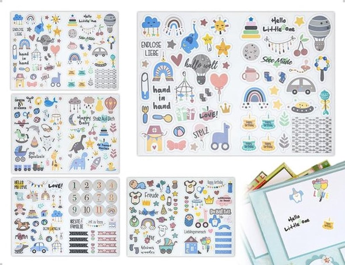 Babyalbumstickers 212 Stuks - Scrapbook Stickers - Decoratie - Babyshower - Kinderfotoalbums - Blauw Ontwerp - Duurzaam PP-Materiaal - Scrapbookstickers