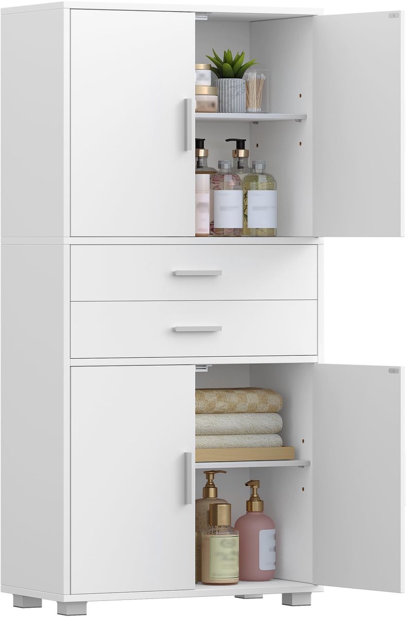 Famanu – Hoge badkamerkast met verstelbare planken, 4 deuren en 2 laden, modern ontwerp, 30 x 60 x 125,5 cm, wit