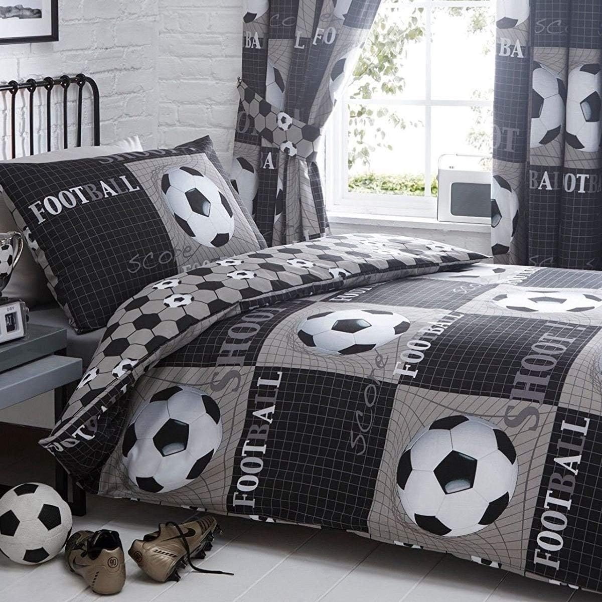 SnelShoppen - Single Bed Dekbedovertrek Set Voetbal Schot Grijs Zilver Zwart Wit Reversibel 135 x 200 cm met Kussensloop 50 x 75 cm - Geschikt voor Ki