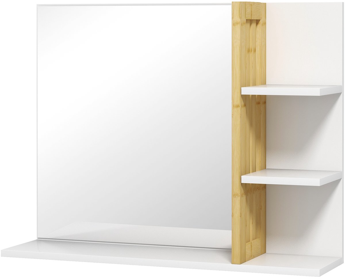 Wandspiegel bamboe met plankje - badkamerspiegel - spiegel hout - Wit