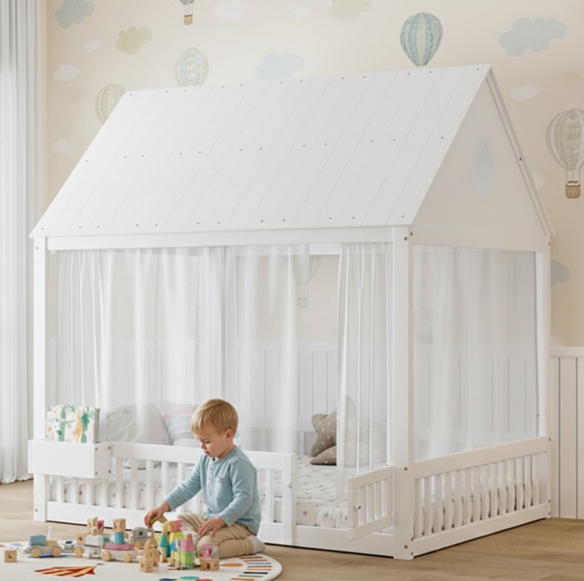 Wishdor Huisbed Kinderbed 140x200 cm - Filigrane raam en dakdetails - Opbergruimte lattenbodem met gordijnen - Wit hout MDF - Voor kinderkamer - 205 x 145 x 182 cm