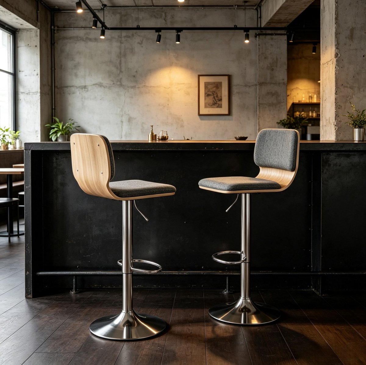 OKWISH Barkruk Set van 2 - 360 Graden Draaibaar en Hoogteverstelbaar - Met Rugleuning en Voetsteun - Voor Keuken Eiland en Bar - Stof - Grijs