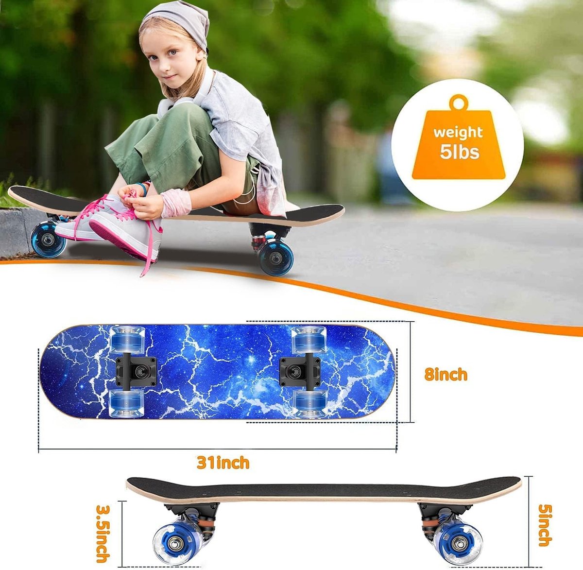 Kleurrijke Skateboards met Flitsende Wielen voor Beginners en Kinderen - 28 x 8 Inch Compleet Skateboard van 9 Laags Canadees Esdoornhout, Ideaal voor Jongeren en Volwassenen