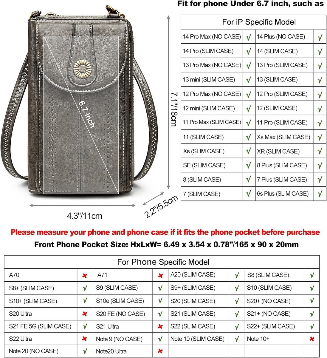RFID Blocking Crossbody Tas voor Mobiele Telefoon - Kleine PU Leren Portemonnee met Retro Uitsparingen voor Vrouwen - Geschikt voor 6.5 Inch Smartphones