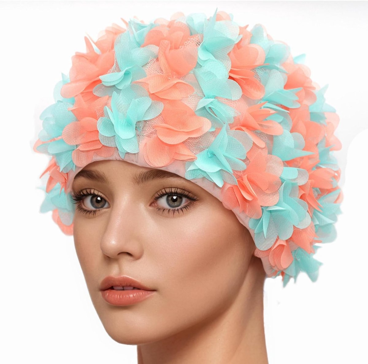 Vintage Zwemkap met Bloemenpatroon voor Dames in Retro Stijl - Lichtblauw en Oranje-Rood, Perfect voor Zwemmen en Strandactiviteiten