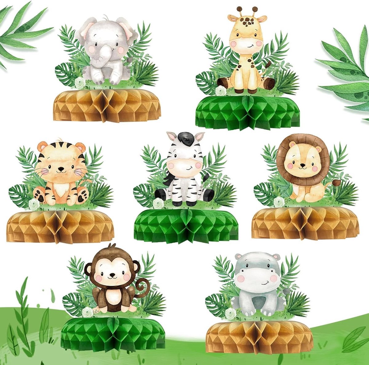 Jungle Dieren Verjaardagsdecoratie Set van 7 - Tafeldecoratie voor Safari Thema Feest, Wild One Verjaardag en Jungle Party Accessoires