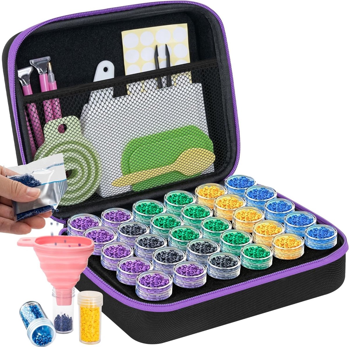 Opslagdozen voor Diamant Schilderen met 30 Vakken, 60 Stuks Accessoires, Draagbare Organisatie en Gereedschap voor Bead Opslag en Creatieve Projecten