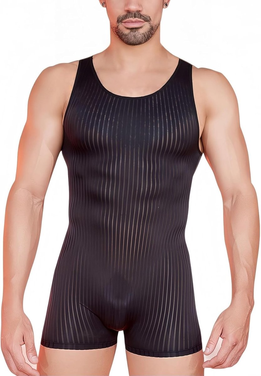 Wrestling Singlet Mouwloos Jumpsuit met Mesh en Strepen, Strakke Eendelige Body voor Sport, Rave en Slaapkleding