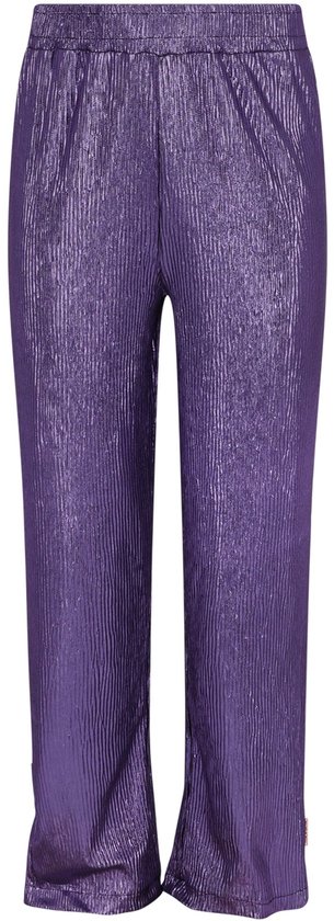 Paarse broek met elastische tailleband, gemaakt van een glanzende, geplooide stof met wijde pijpen.