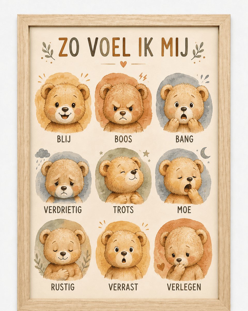 Emoties Poster Kinderkamer | Zo Voel Ik Mij Met Teddyberen | Inclusief Zwarte A4 Lijst