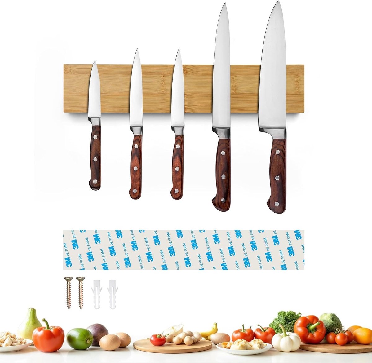 Magneetstrip Messenhouder - Bamboe - 30 cm - Magnetische Messenhouder met Supersterke Magneten - Voor Keuken en Huishouden