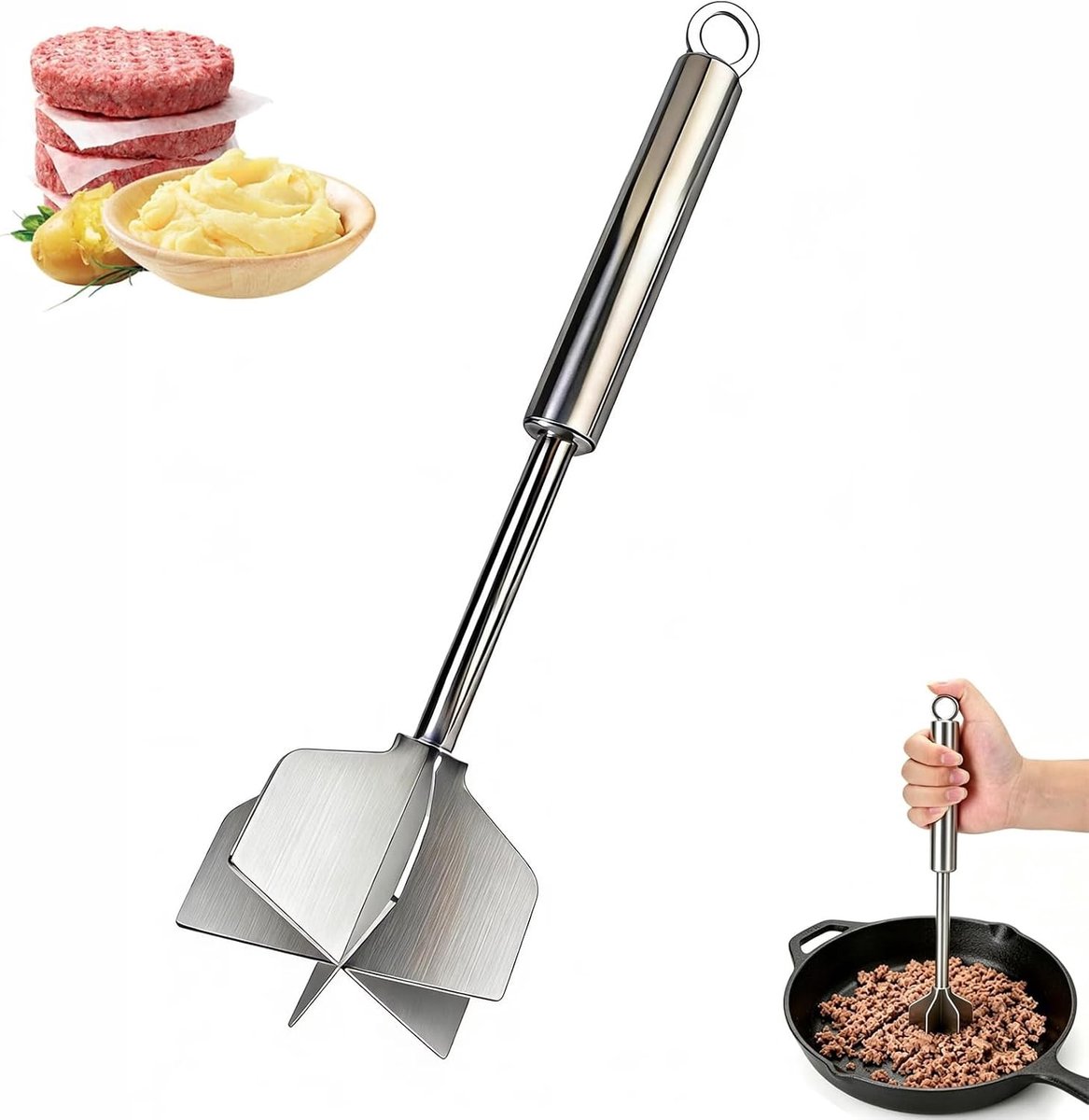 Hakvleeshakselaar - Roestvrij Staal - 26 cm - Hittebestendige Vleesmolen met Ergonomische Handgreep - Voor Vlees en Aardappelen