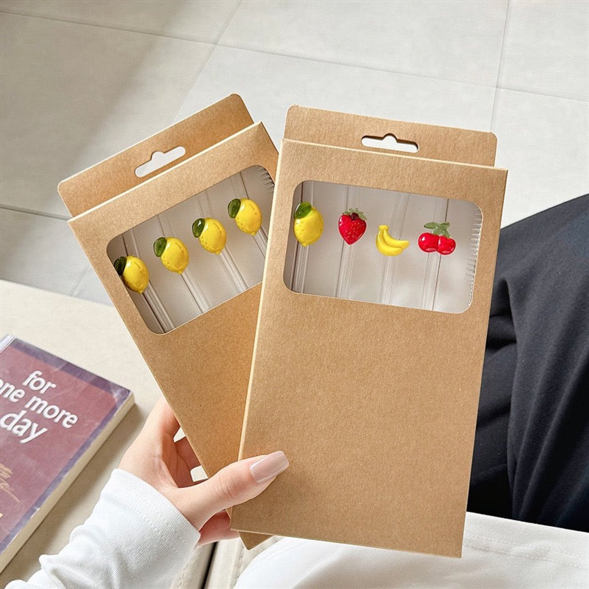 Stasia Glazen Rietjes met Fruit – Set van 8 – Transparante Drinkrietjes – Fruit Design – Glazen Rietjes