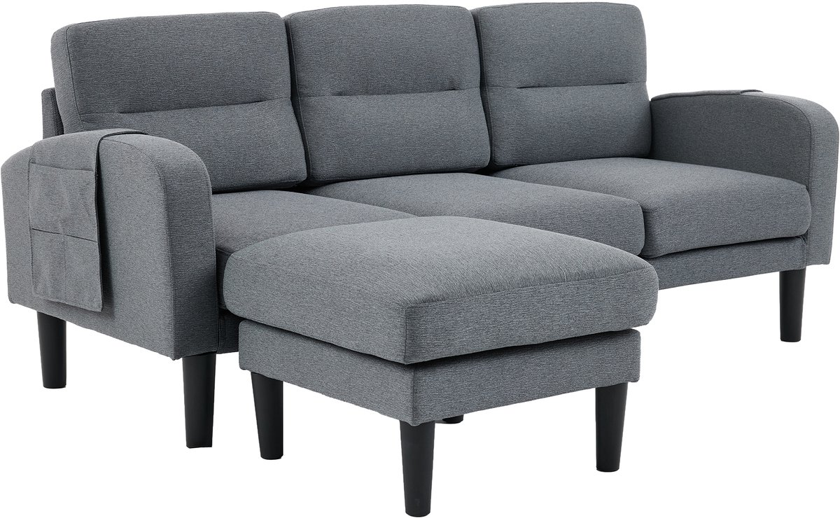 MUVANO Hoekbank - L-vormige bank met chaise longue - 3-zits modulaire bank - Stoffen bank - 204x136x80cm - Afneembare kussens - Woonkamer Grijs