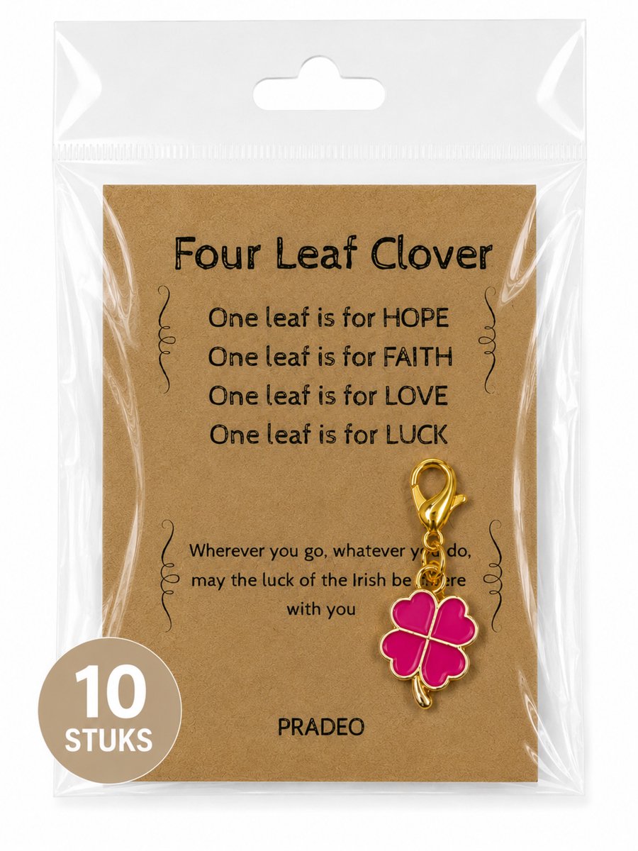 Pradeo - Klavertje Vier Sleutelhanger - Hangertje - Klavertje 4 - Four Leaf Clover - Key Chain - Pocket Hug - Geluk - Klein Geschenk - Bedankt Cadeautje - Familie, Vrienden, Collega of Meester & Juf - Met Kaartje Met Tekst - Donker Roze - 10 Stuks