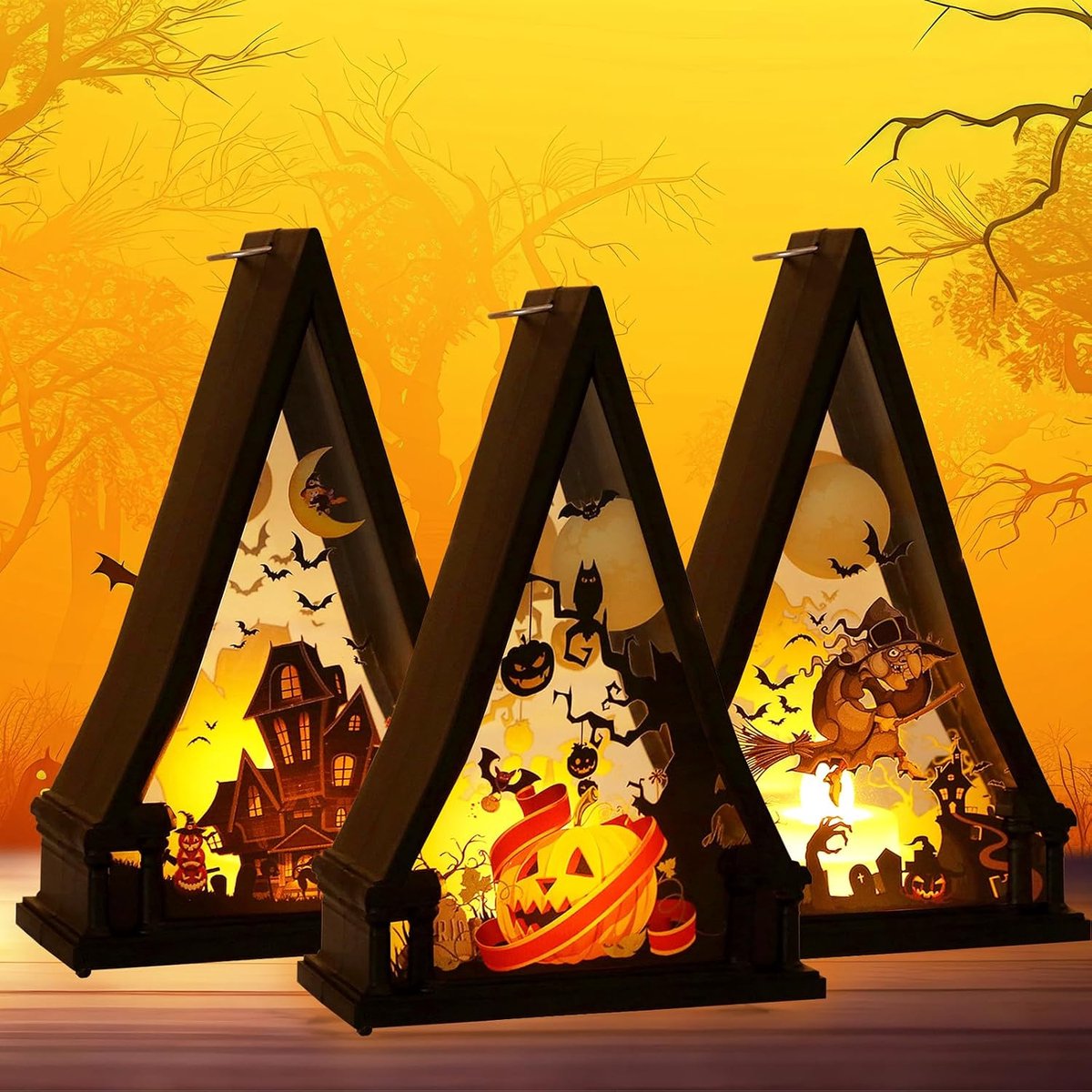 3 stuks Halloween-lantaarns decoratie, 15,5 cm hoog, retro hanglamp, Halloween pompoenen kasteel, vlamloze kaarsenhouder, driehoekige lantaarn voor thuis, binnen en buiten, feestartikelen