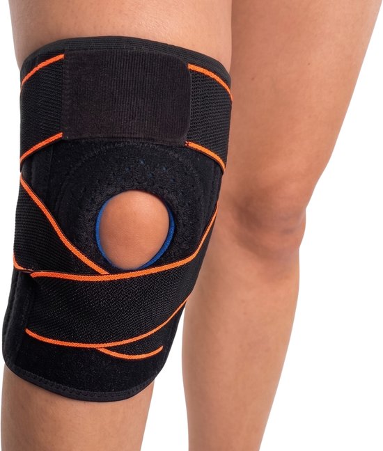 Zwarte kniebrace met oranje biezen, klittenbandsluitingen en een ronde opening voor de knieschijf.
