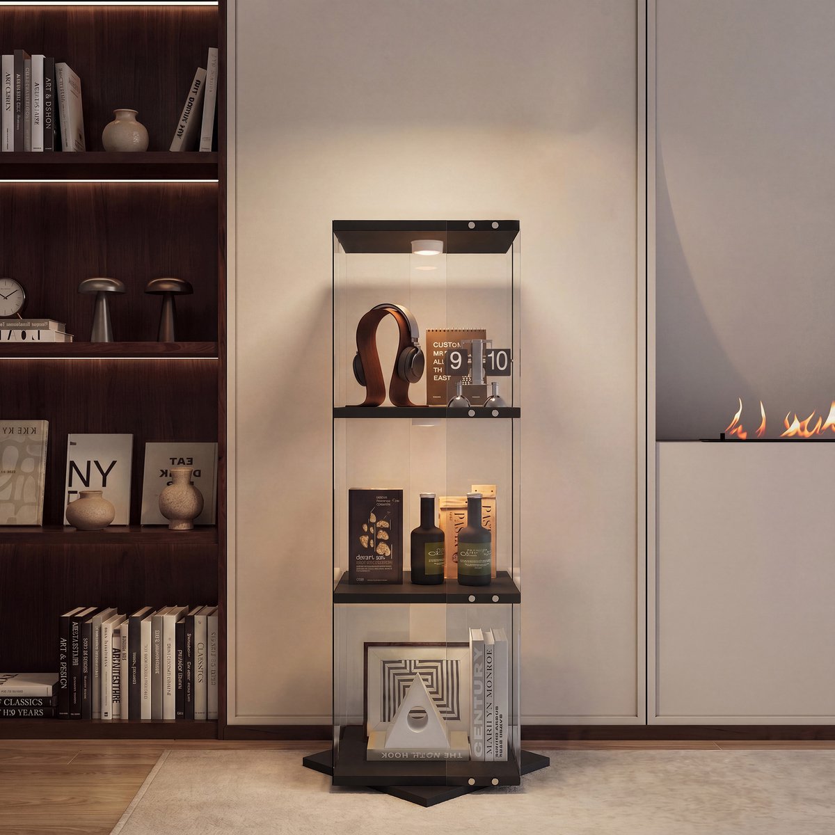 360° Draaibare Pronkkast Zwart met LED - 4-laags Vitrinekast - Transparant Glas - voor Woonkamer, Gamekamer & Kantoor