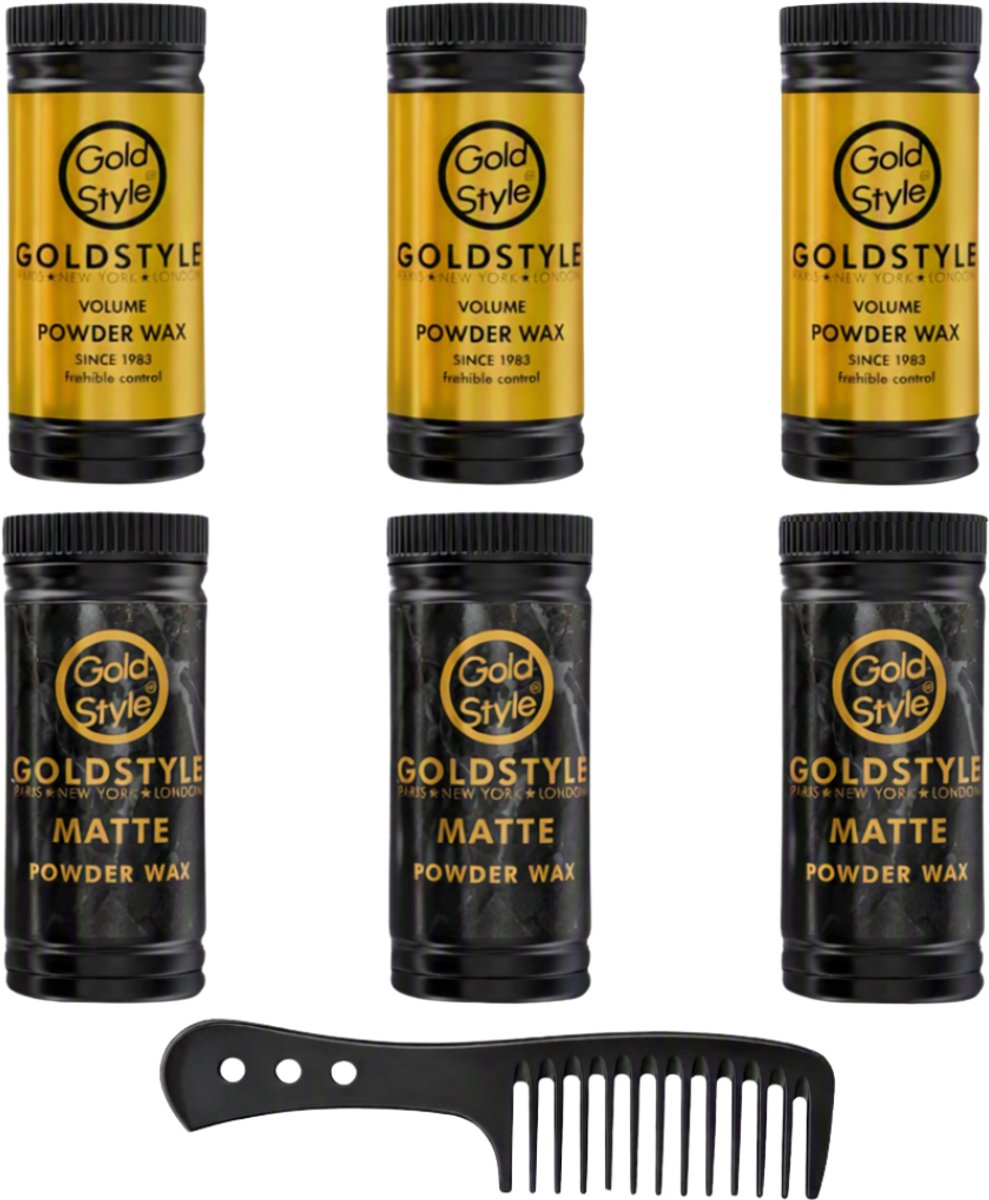 Gold Style Powder Wax 6 Stuks – 3x Matte & 3x Volume – Haar Styling Poeder – 20g per Stuk (120g Totaal) + Styling Kam– Matte Finish – Extra Volume – Voor Mannen & Vrouwen