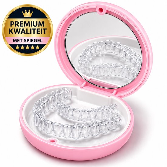 Roze bewaarhoes met spiegel voor doorzichtige beugels. "PREMIUM KWALITEIT MET SPIEGEL" staat op een gouden zegel.