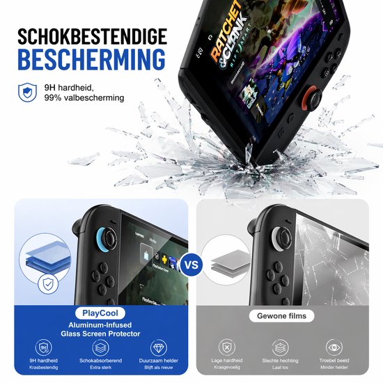 Nintendo Switch valt op scherven. PlayCool screenprotector versus gewone films.