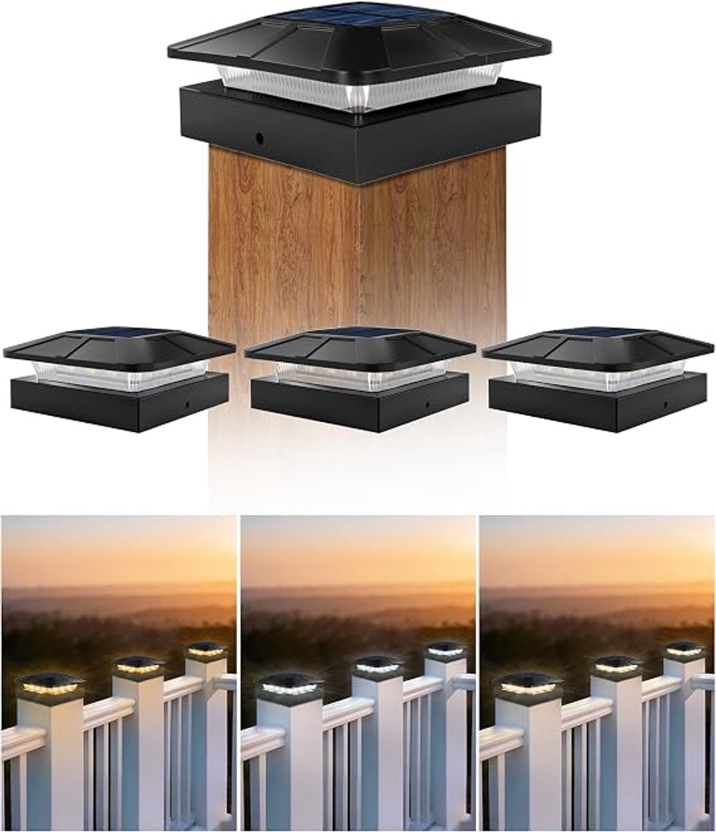 Solar Paalkap Set Van 4 - Zonne-Energie LED Schuttingverlichting 10x10 cm - 3 Lichtkleuren Voor Tuin, Hek En Terras