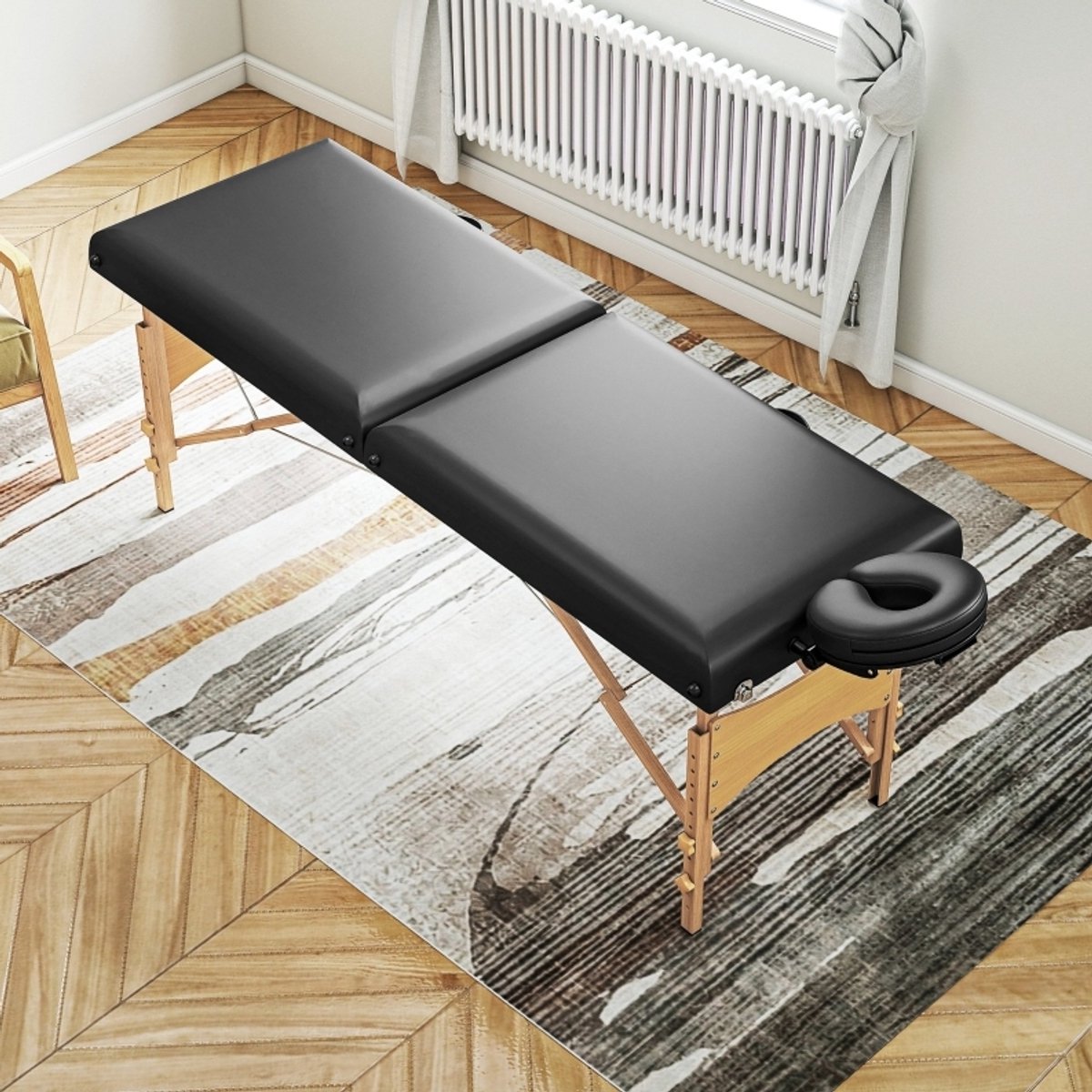 REDOM - Massagebank - Opvouwbaar en in hoogte verstelbaar - Verstelbare hoofdsteun - 2 zones - Hout en kunstleer - Zwart - 215 x 70 x 61-86 cm