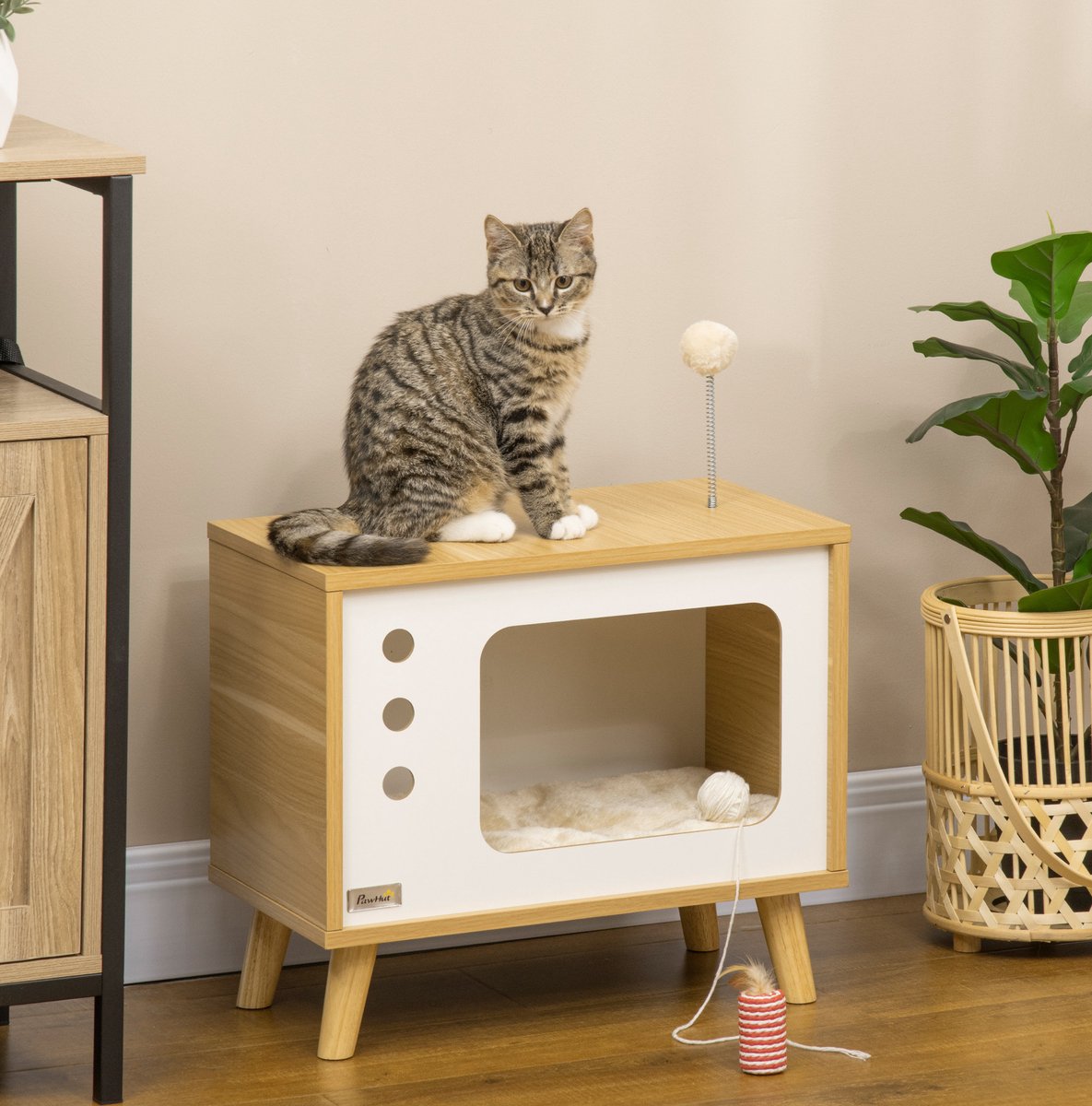 REDOM - Kattenhuis in tv-design - Speelbal en kussen inbegrepen - Bijzettafel - Eikenhoutlook - Woonkamer - Hout - Beige - 50 x 28 x 43 cm