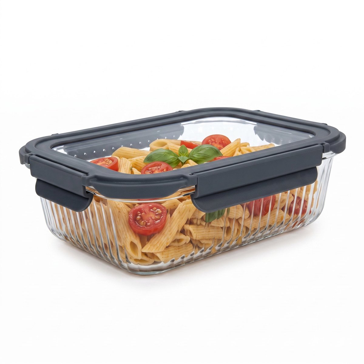 Cheqo® Glazen Vershouddoos - Vershoudbakje - Bewaardoos - Voedseldoos - Meal Prep Bakje - Voorraaddoos - Opbergdoos met Klemdeksel - Rechthoekig - Antraciet/Transparant - Grijs - voor Koelkast en Keukenkast - Eten en Restjes Bewaren