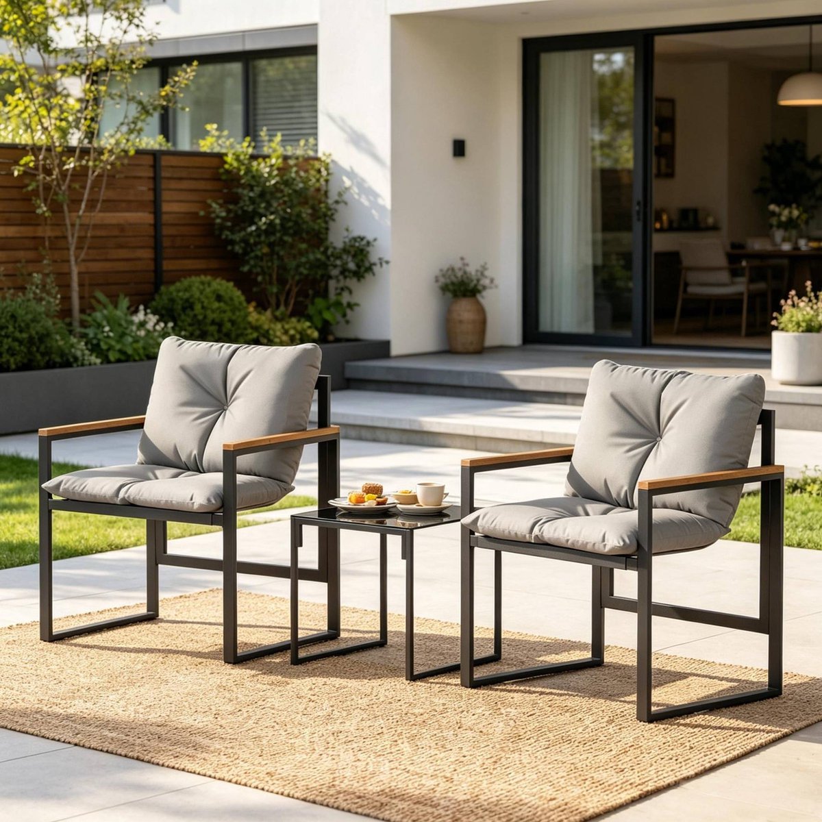 STILVORA Loungeset 2 Persoons 3 Delig 64 X 62 X 68 Cm Met Tafel En Kussens Voor Balkon Terras Tuin Metaal Zwart Grijs