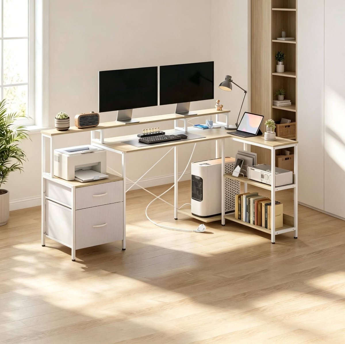 FloraGrace Hoekbureau - L Vormig Bureau Met LED En 2 Lades - Monitor Verhoger En Stopcontacten Voor Thuiswerk En Gaming - Wit - 172x100x89 Cm