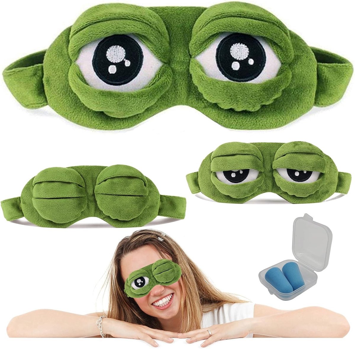 Schattige 3D Groene Kikker Oogmasker voor Slaap, Fluffy Blindfold en Oogbedekking, 1 Stuk