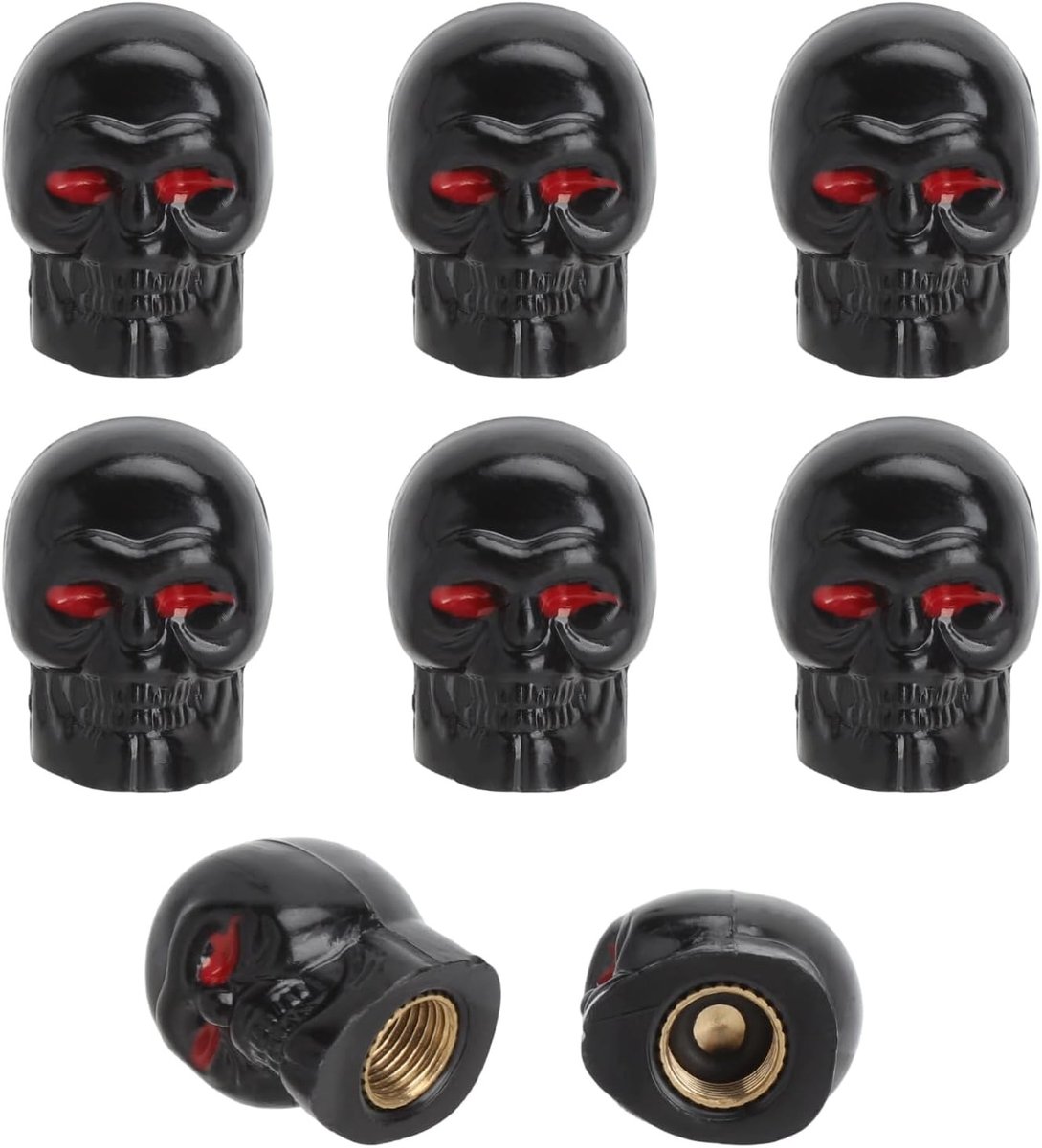 Set van 8 Skulls Ventieldoppen met Afdichting en Koperen Kern, Geschikt voor Auto, Fiets en Motorfiets