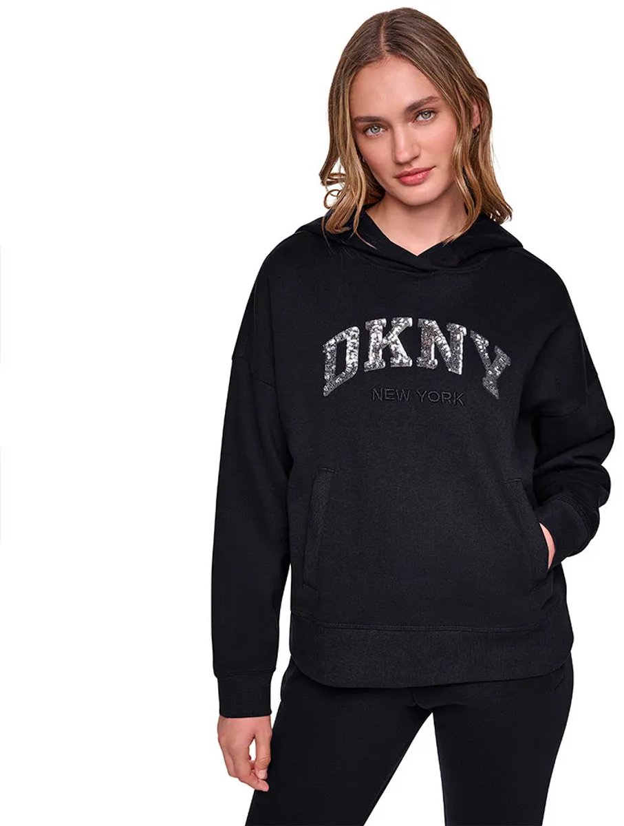 Dkny Varsity Sequin New York Hoodie Zwart L Vrouw