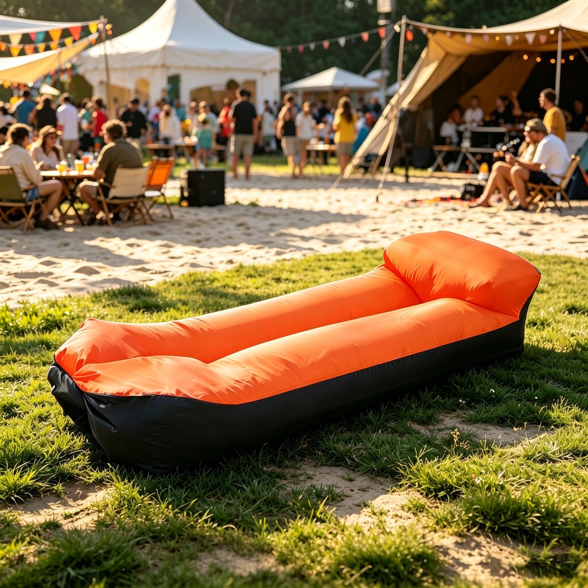 Opblaasbare slaapbank met kussen 220×70×60 cm ( oranje‑zwart) waterdicht & lekvrij draagbaar perfect voor kamperen stranduitje picknick muziekfestivals en vakantiereizen