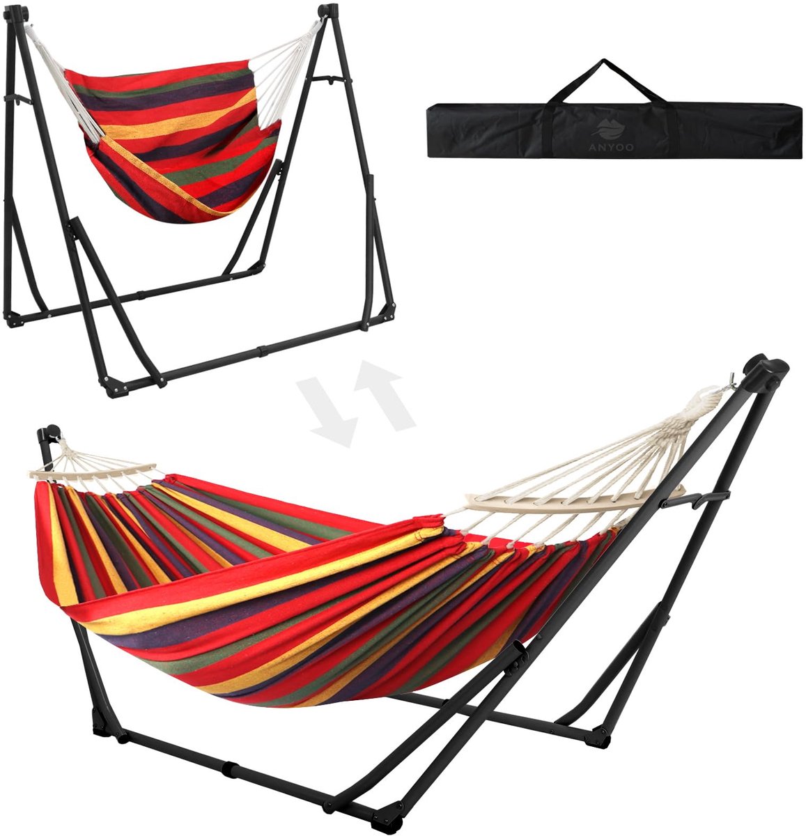 Famanu – Hangmat voor de tuin met inklapbare standaard, set voor draagbare hangmat, geschikt voor binnen en buiten, ideaal voor camping