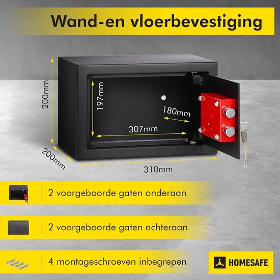 Een open, zwarte HOMESAFE kluis met afmetingen en aanwijzingen voor wand- en vloerbevestiging. Inclusief schroeven.
